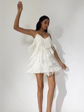 WOMANZE White Fringe Slip Dress - after party, wedding reception dress